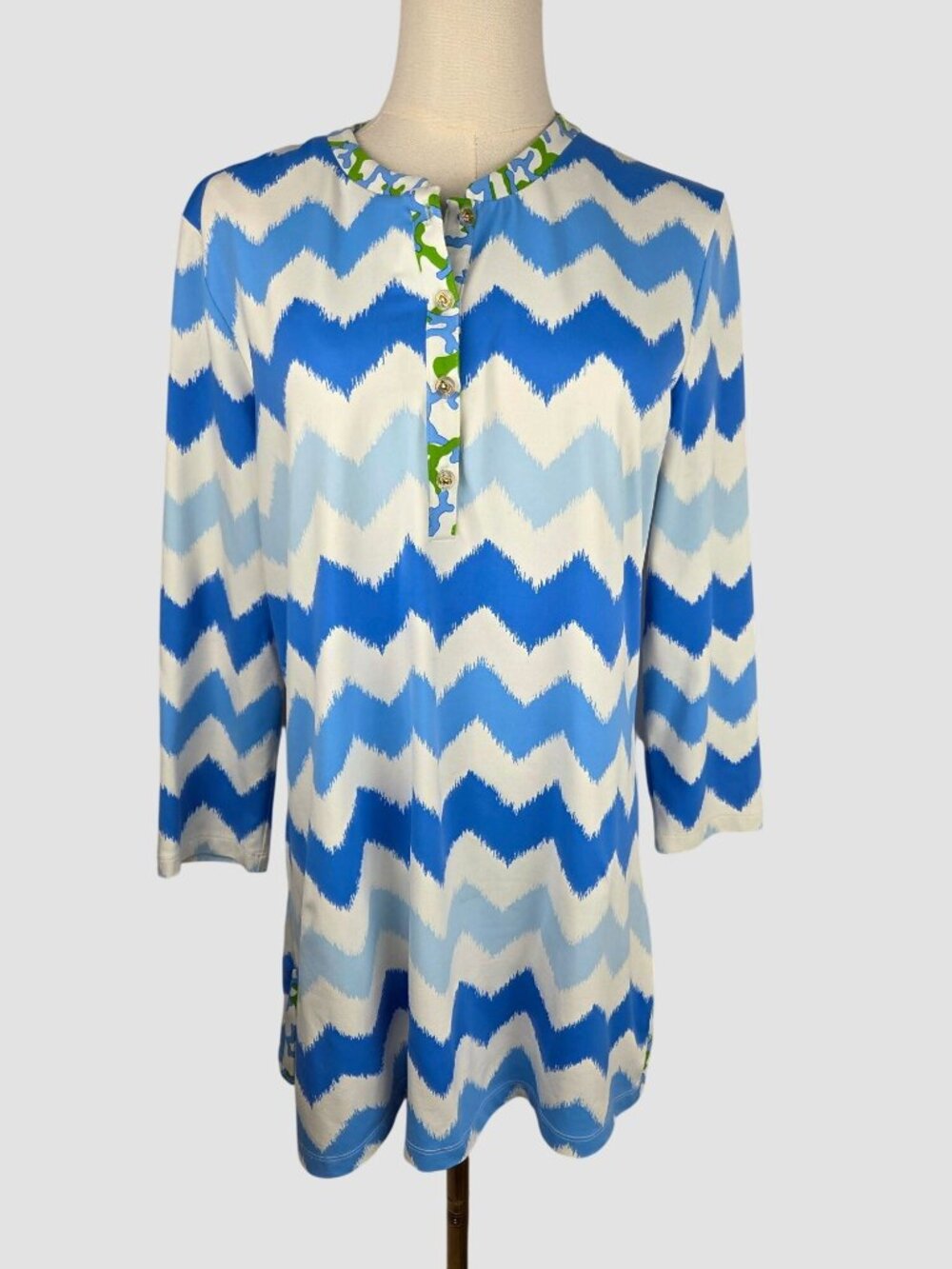 J. McLaughlin Catalina Cloth Tunic Top Sz L Blue White Chevron Zig Zag
